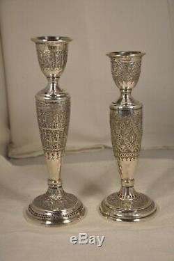 2 Bougeoirs Ancien Argent Massif Persian Islamic Solid Silver Candlesticks 398gr