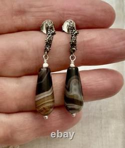 AGATE ARGENT MASSIF SCULPTÉ, Créateur ANCIENNES BOUCLES D'OREILLES