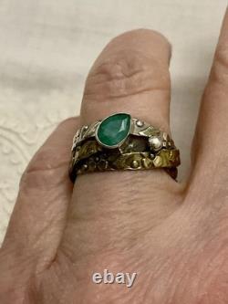 ANCIENNE BAGUE 3 En 1 ÉMERAUDE, VERMEIL ET ARGENT MASSIF, MODERNISTE OUVRAGÉE