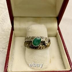 ANCIENNE BAGUE 3 En 1 ÉMERAUDE, VERMEIL ET ARGENT MASSIF, MODERNISTE OUVRAGÉE