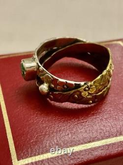 ANCIENNE BAGUE 3 En 1 ÉMERAUDE, VERMEIL ET ARGENT MASSIF, MODERNISTE OUVRAGÉE