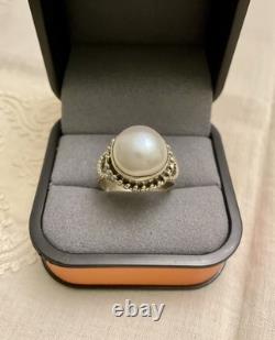 ANCIENNE BAGUE Énorme PERLE VÉRITABLE ET ARGENT MASSIF OUVRAGÉE