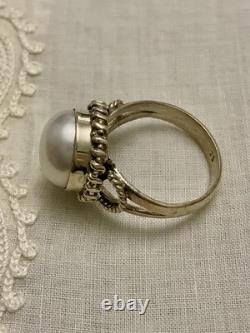 ANCIENNE BAGUE Énorme PERLE VÉRITABLE ET ARGENT MASSIF OUVRAGÉE