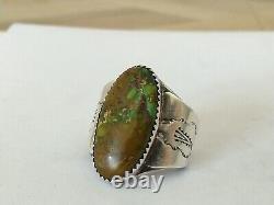 ANCIENNE BAGUE NAVAJO ARGENT MASSIF TURQUOISE VERTE SIGNÉE Native Sterling