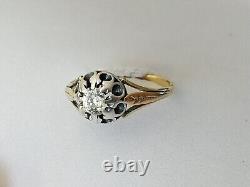 ANCIENNE BAGUE XIXe OR 18 CARATS DIAMANT TAILLE COUSSIN ARGENT MASSIF 0.35CT 18K