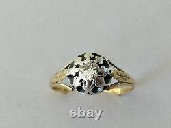 ANCIENNE BAGUE XIXe OR 18 CARATS DIAMANT TAILLE COUSSIN ARGENT MASSIF 0.35CT 18K