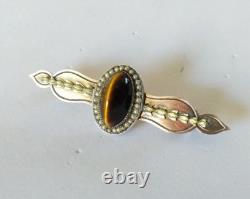 ANCIENNE BROCHE ARGENT MASSIF VERMEIL PERLES FINES OEIL DE TIGRE XIXe EMPIRE