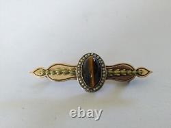 ANCIENNE BROCHE ARGENT MASSIF VERMEIL PERLES FINES OEIL DE TIGRE XIXe EMPIRE