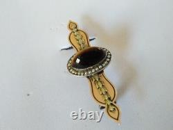 ANCIENNE BROCHE ARGENT MASSIF VERMEIL PERLES FINES OEIL DE TIGRE XIXe EMPIRE