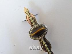 ANCIENNE BROCHE ARGENT MASSIF VERMEIL PERLES FINES OEIL DE TIGRE XIXe EMPIRE