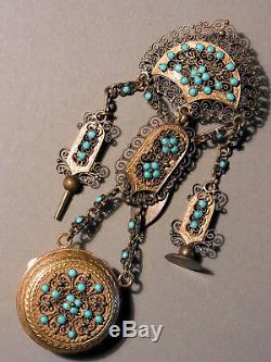 ANCIENNE CHATELAINE PORTE-MONTRE Sertie de TURQUOISES POMPONNE & ARGENT MASSIF