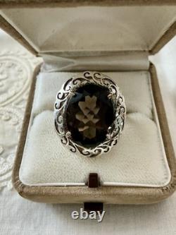 ANCIENNE Grande BAGUE ARGENT MASSIF CISELURES, ÉNORME TOPAZE FUMÉE, CRÉATEUR