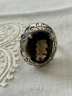 ANCIENNE Grande BAGUE ARGENT MASSIF CISELURES, ÉNORME TOPAZE FUMÉE, CRÉATEUR