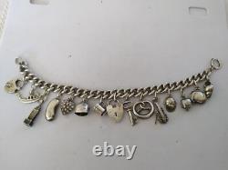 ANCIEN BRACELET A BRELOQUES ARGENT MASSIF 15 PENDENTIFS sterling charms 800