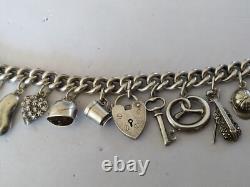 ANCIEN BRACELET A BRELOQUES ARGENT MASSIF 15 PENDENTIFS sterling charms 800