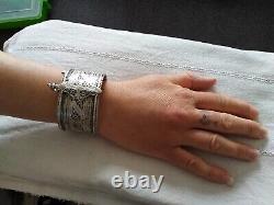 ANCIEN BRACELET MANCHETTE MOYEN ORIENT ARGENT MASSIF FILIGRANE étoile lune