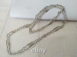 ANCIEN COLLIER SAUTOIR 1900 ART NOUVEAU ARGENT MASSIF 1,40m mailles ouvragrées