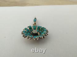 ANCIEN PENDENTIF ARGENT MASSIF PAVAGE DE TURQUOISES ET PERLES FINES XIXe fleur