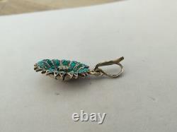 ANCIEN PENDENTIF ARGENT MASSIF PAVAGE DE TURQUOISES ET PERLES FINES XIXe fleur