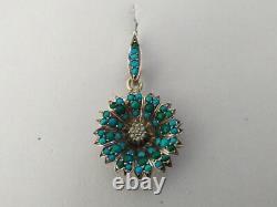 ANCIEN PENDENTIF ARGENT MASSIF PAVAGE DE TURQUOISES ET PERLES FINES XIXe fleur