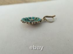 ANCIEN PENDENTIF ARGENT MASSIF PAVAGE DE TURQUOISES ET PERLES FINES XIXe fleur