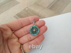 ANCIEN PENDENTIF ARGENT MASSIF PAVAGE DE TURQUOISES ET PERLES FINES XIXe fleur