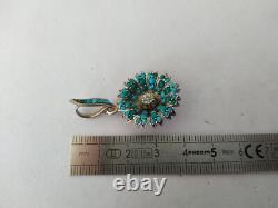 ANCIEN PENDENTIF ARGENT MASSIF PAVAGE DE TURQUOISES ET PERLES FINES XIXe fleur