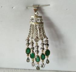 ANCIEN PENDENTIF ART DÉCO OR 18K ARGENT MASSIF ÉMERAUDE DIAMANT chandelier 1930