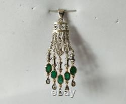 ANCIEN PENDENTIF ART DÉCO OR 18K ARGENT MASSIF ÉMERAUDE DIAMANT chandelier 1930