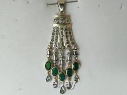 ANCIEN PENDENTIF ART DÉCO OR 18K ARGENT MASSIF ÉMERAUDE DIAMANT chandelier 1930
