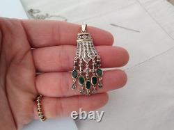 ANCIEN PENDENTIF ART DÉCO OR 18K ARGENT MASSIF ÉMERAUDE DIAMANT chandelier 1930