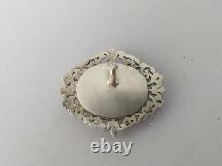 ANCIEN PENDENTIF XIXe ARGENT MASSIF OR MINIATURE PEINTE SOUS VERRE FLEUR DE LYS