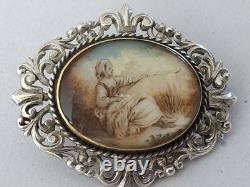 ANCIEN PENDENTIF XIXe ARGENT MASSIF OR MINIATURE PEINTE SOUS VERRE FLEUR DE LYS