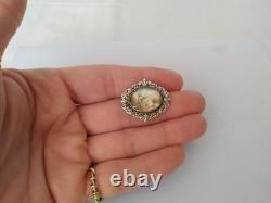 ANCIEN PENDENTIF XIXe ARGENT MASSIF OR MINIATURE PEINTE SOUS VERRE FLEUR DE LYS