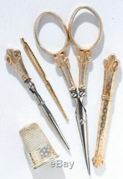 ARGENT VERMEIL or Ancien nécessaire de couture à coudre scissors Fleur lys boîte