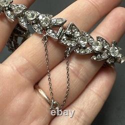 Ancien Bracelet Gourmette En Argent Massif Silver Maille Art Nouveau Strass