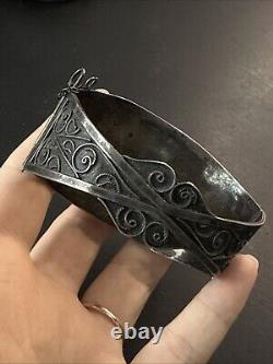 Ancien Bracelet Gourmette En Argent Massif Silver Maille Jonc ethnique tank