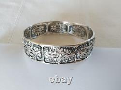 Ancien Bracelet Jonc Art Déco Argent Massif Fleurs 1930 Ajouré