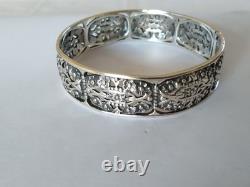 Ancien Bracelet Jonc Art Déco Argent Massif Fleurs 1930 Ajouré