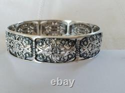 Ancien Bracelet Jonc Art Déco Argent Massif Fleurs 1930 Ajouré