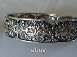 Ancien Bracelet Jonc Art Déco Argent Massif Fleurs 1930 Ajouré