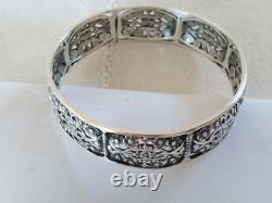 Ancien Bracelet Jonc Art Déco Argent Massif Fleurs 1930 Ajouré