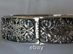 Ancien Bracelet Jonc Art Déco Argent Massif Fleurs 1930 Ajouré