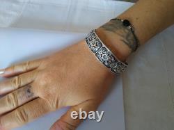 Ancien Bracelet Jonc Art Déco Argent Massif Fleurs 1930 Ajouré