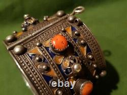 Ancien Bracelet Kabyle Argent Corail et Émail XIXe. Ethnique