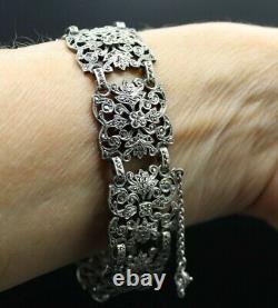 Ancien Bracelet Manchette Art Nouveau XIXè en Argent Massif Serti de Marcassites