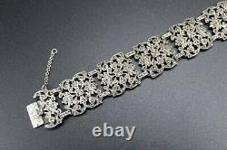 Ancien Bracelet Manchette Art Nouveau XIXè en Argent Massif Serti de Marcassites