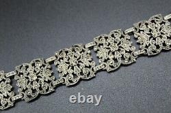 Ancien Bracelet Manchette Art Nouveau XIXè en Argent Massif Serti de Marcassites