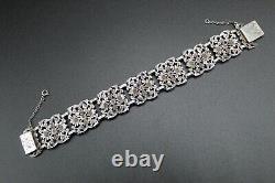 Ancien Bracelet Manchette Art Nouveau XIXè en Argent Massif Serti de Marcassites