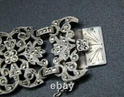 Ancien Bracelet Manchette Art Nouveau XIXè en Argent Massif Serti de Marcassites